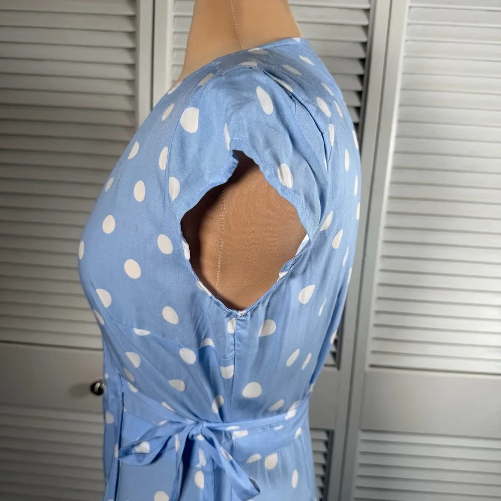 Blue‎ Polka Dot Wrap Midi Dress Open Back XXS Fits XS